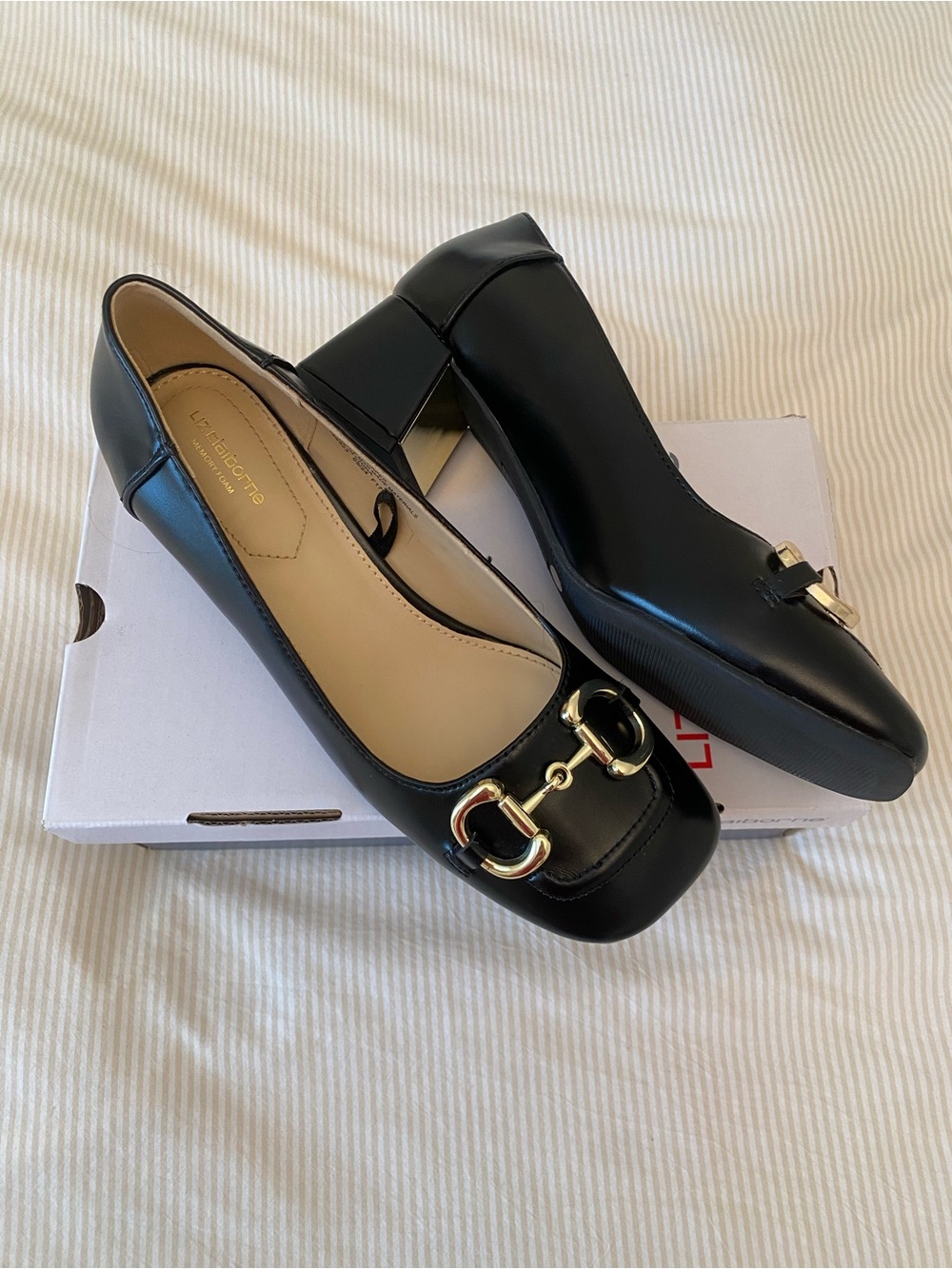 Liz Claiborne Black Leather Block Heel Loafers with Gold Horsebit